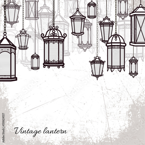Vector vintage lantern set background Classic antique light backdroop. Ancient retro lamp design. Traditional silhouette. Old graphic object design. Elegant collection.