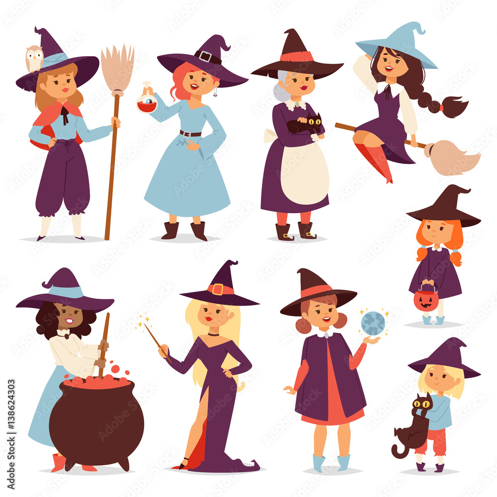Cute little witch with broom cartoon cat for print on bag magic halloween card and fantasy young girls character in costume hat vector illustration. Cute little witch with broom cartoon cat for print on bag magic halloween card and fantasy young girls character in costume hat vector illustration.