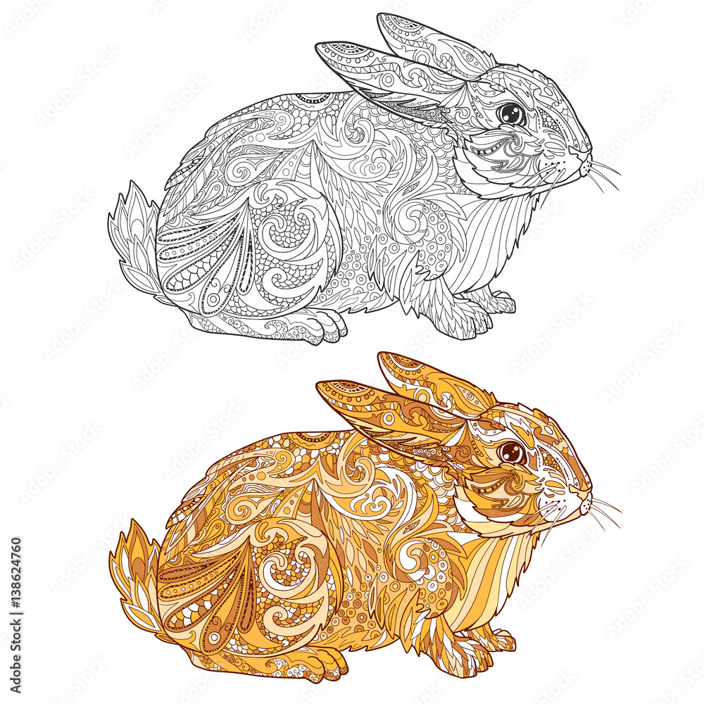Rabbit in doodle style for coloring book page and colored example for ...