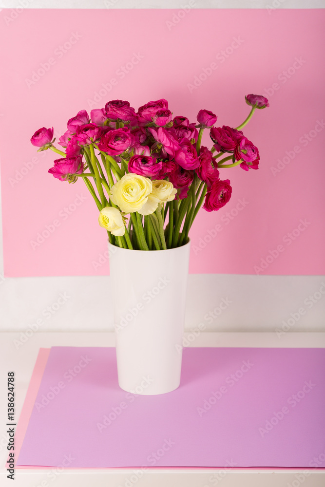 Beautiful bouquet of ranunculuses in a vase