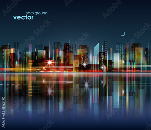 Night city skyline with reflection on water surface, vector illustration