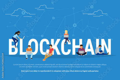 Blockchain concept illustration of young men and women using laptop and for database coding and development software platform for digital assets. Flat design of people sitting on big letters
