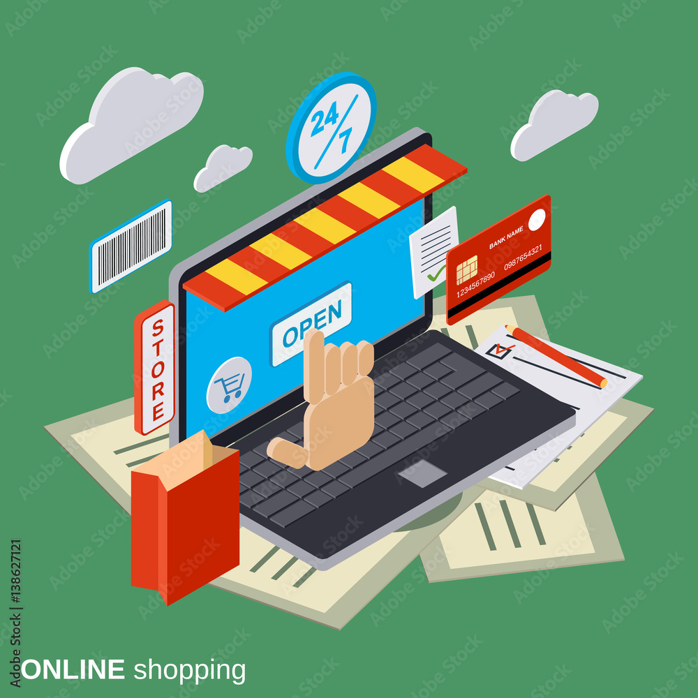 Online shopping flat isometric vector concept illustration