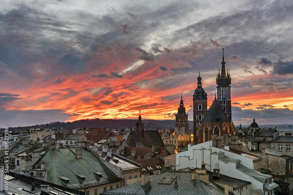 Sunset over Krakow in Poland