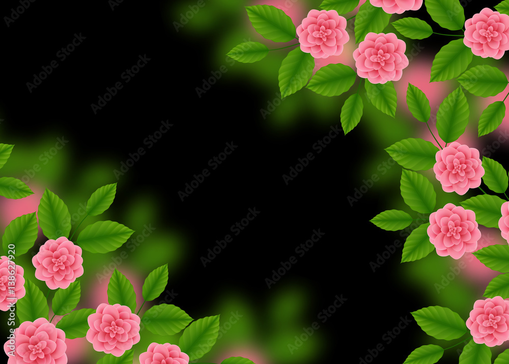 Floral Pattern with of Blooming Pink Roses on Black Blurred Bokeh Background. Wildflowers and Peonies bouquet. Vector illustration