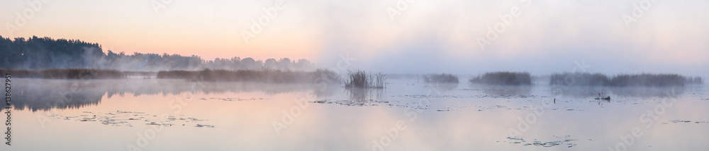 Panorama of the lake in the morning. - obrazy, fototapety, plakaty 