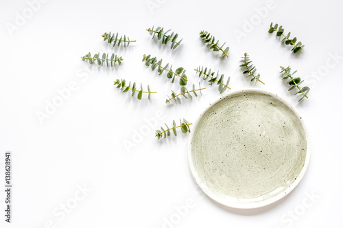 woman breakfast mockup with lavander and eucalyptus on white table top view