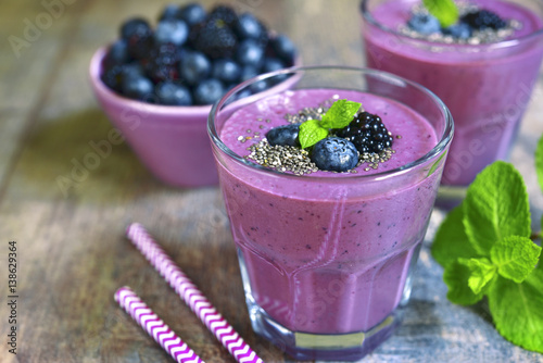 Healthy diet forest berry smoothie with chia seeds.