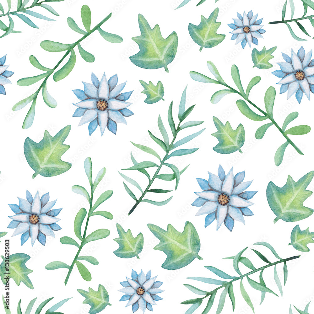 Seamless Pattern of Watercolor Leaves and Light Blue Flowers