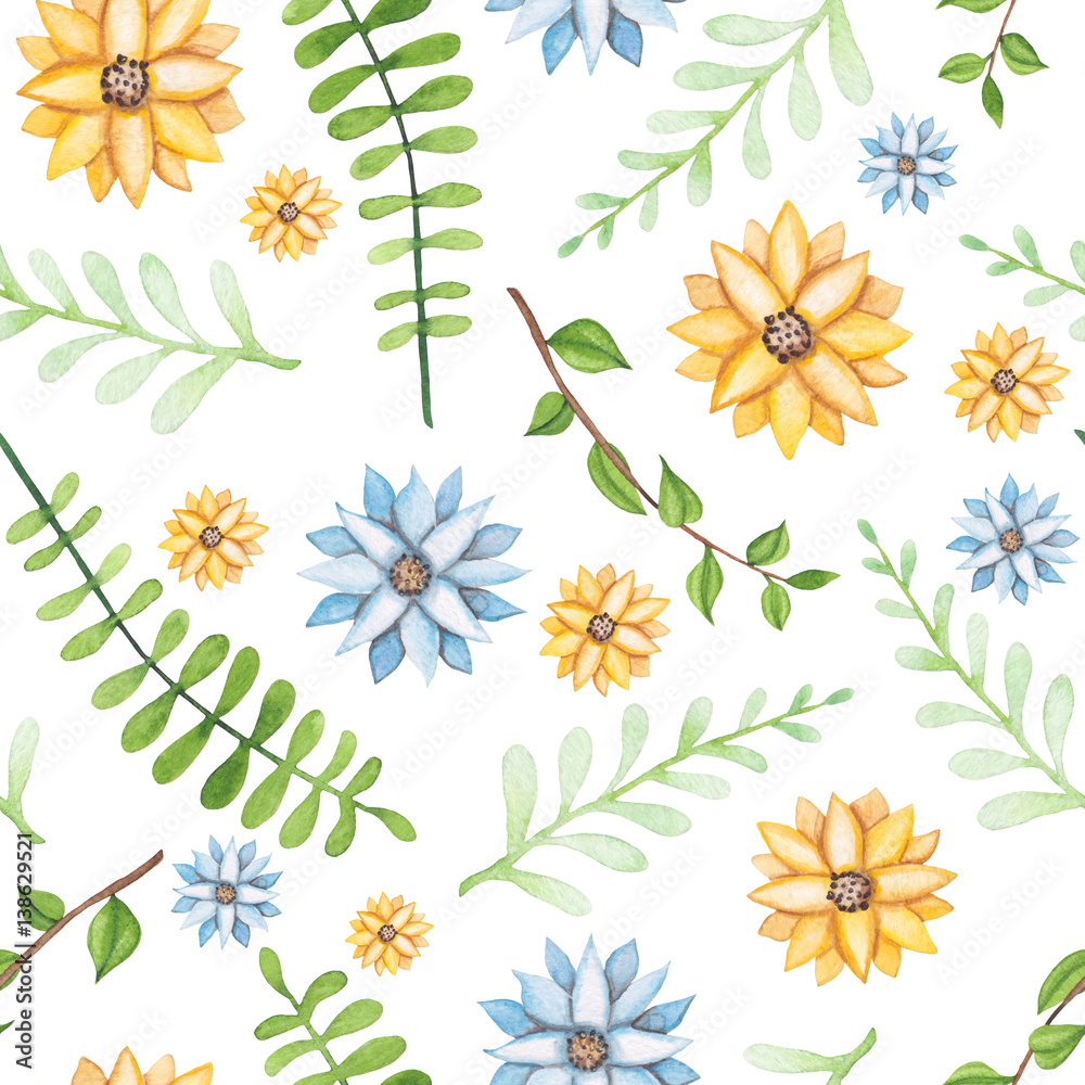 Seamless Pattern of Watercolor Yellow and Blue Flowers
