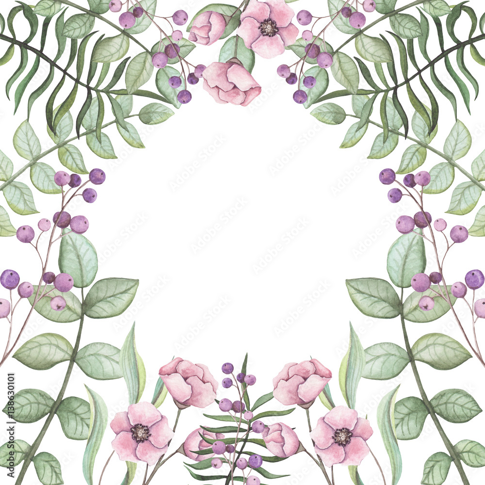 Frame with Watercolor Ferns, Berries and Flowers