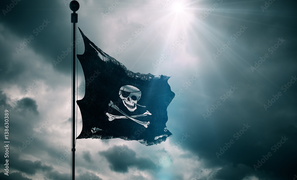 Obraz premium zgrywanie łza grunge stara tkanina tekstura pirackiej flagi czaszki macha na wietrze, perkalowy symbol pirata na pochmurnym niebie z promieniami słońca światło, ciemny styl tajemnicy, haker i złodziej