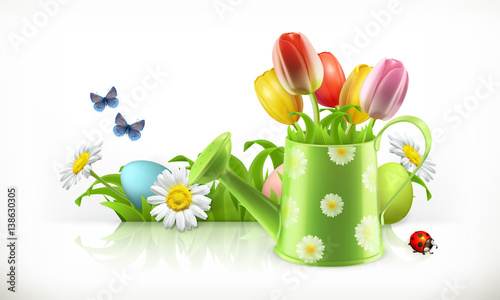 Watering can and spring flowers 3d vector banner