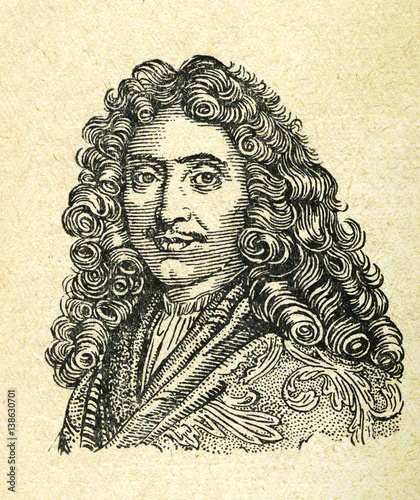 Vintage sepia retro drawing image portrait of famous french actor, poet and of the greatest writers Moliere. photo