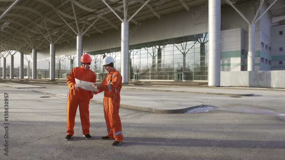 Construction workers in orange uniform and hardhats looking over plans ...