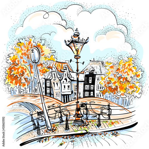 Canvas Print Color hand drawing, city view of Amsterdam typical houses, bridges and streetlight, Holland, Netherlands