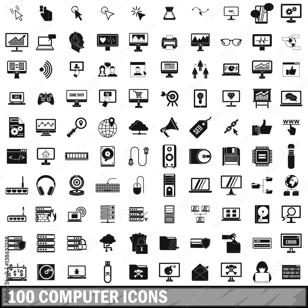 100 computer icons set in simple style
