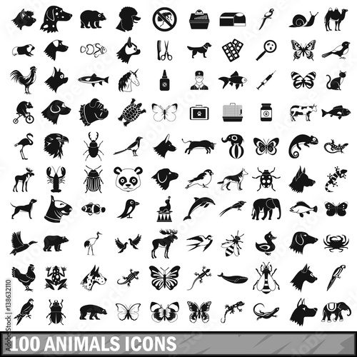 100 animals icons set in simple style