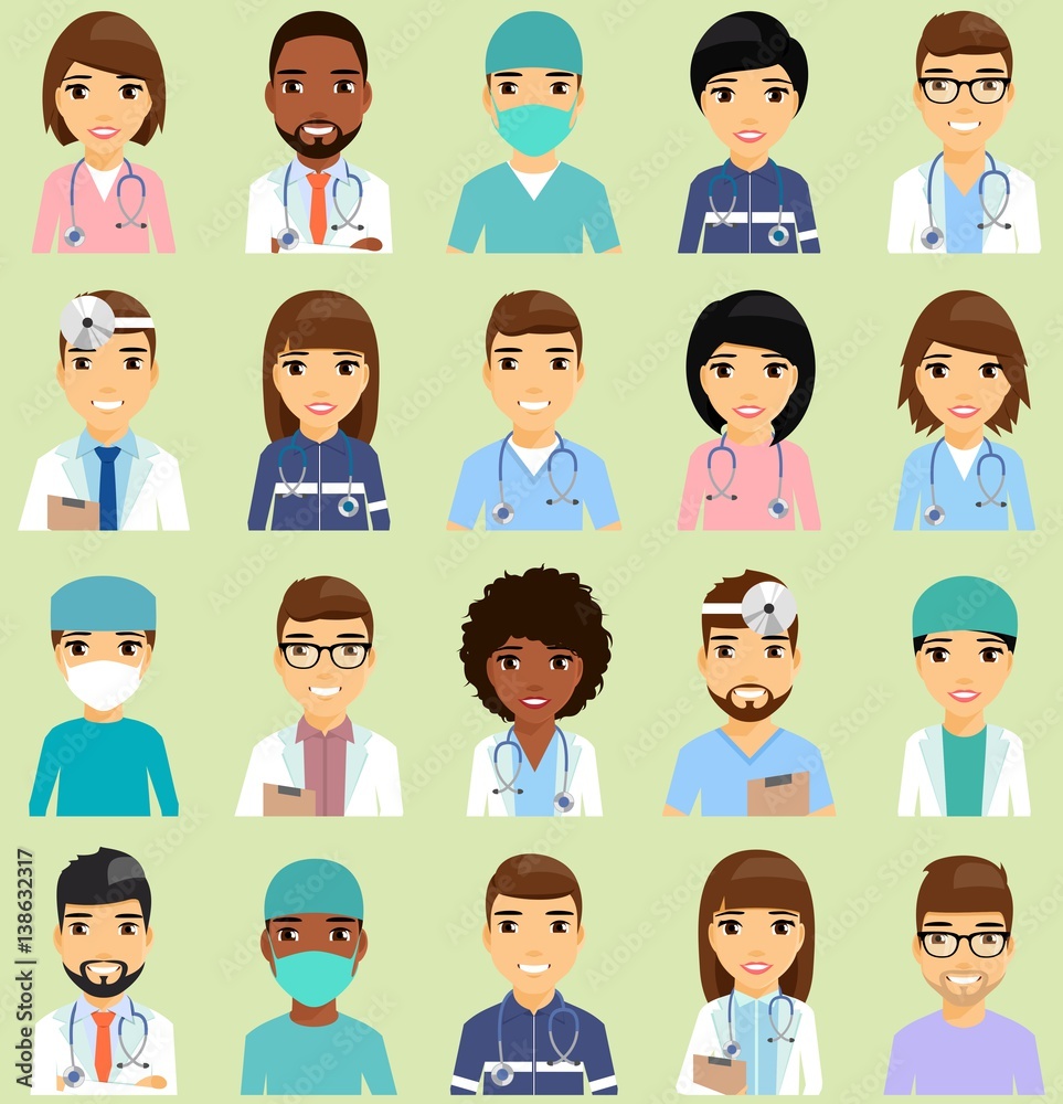 Icons with doctors. The doctors of different specializations. African Americans, Europeans. Isolated flat style Icons with doctors. The doctors of different specializations. African Americans, Europeans. Isolated flat style