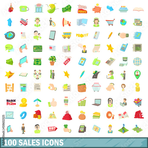 100 sales icons set, cartoon style