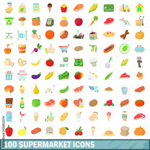 100 supermarket icons set, cartoon style
