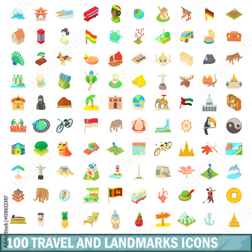 100 travel and landmarks icons set, cartoon style