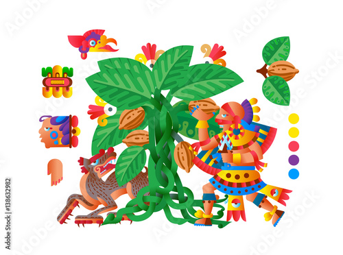 Vector illustration sketch drawing aztec cacao bean, leaves, nibs, pattern for chocolate package design.