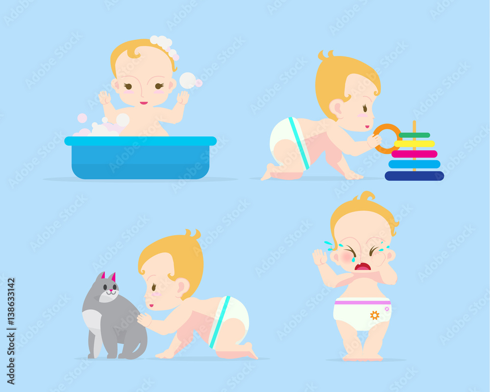 Vector illustration in cartoon style humans child scenes collection on blue backdrop.