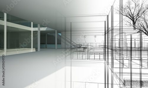 Billede på lærred sketch design of interior hall, 3d rendering