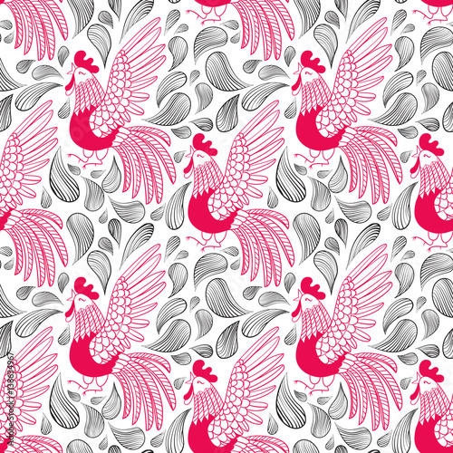 Vector illustration doodle style rooster seamless pattern.