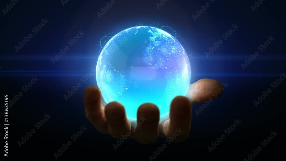 3d digital blue globe rotating in hand loop
