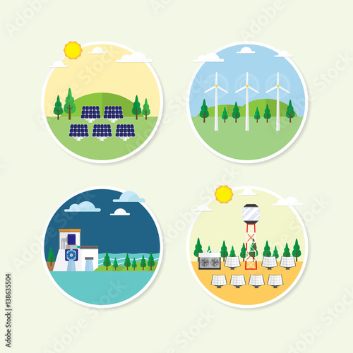 renewable energy circle icon with solar cell, solar thermal, wind turbine and hydro energy