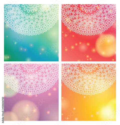 Set of Indian country ornament illustration concept. Ethnic & Colorful Henna Mandala design, on festive and glitter bokeh background.