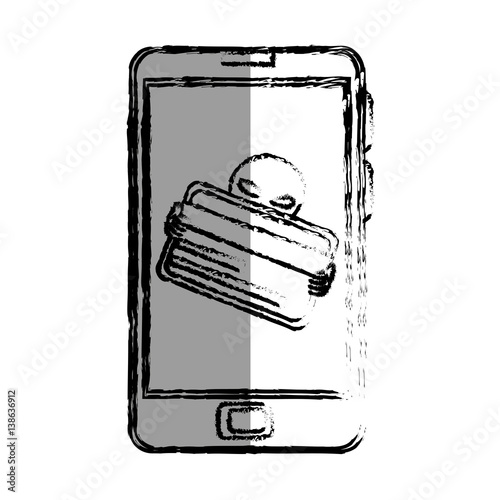 monochrome blurred contour with stealing credit card in cell phone vector illustration