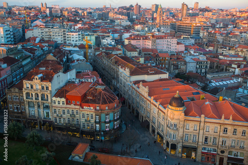 Top view of old Porto downtown at dusk, Portugal.