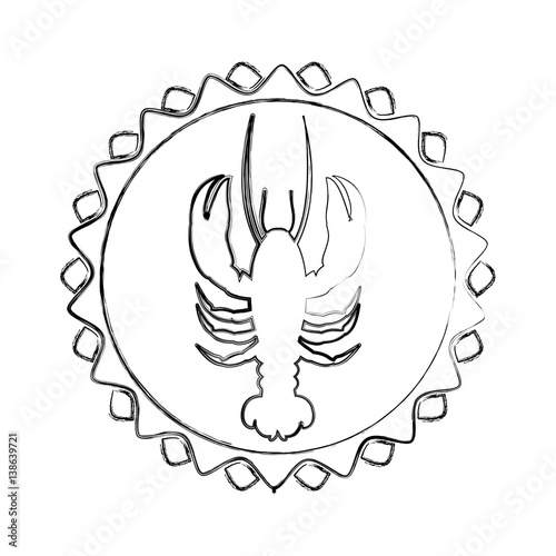monochrome blurred line contour with lobster in circular emblem vector illustration