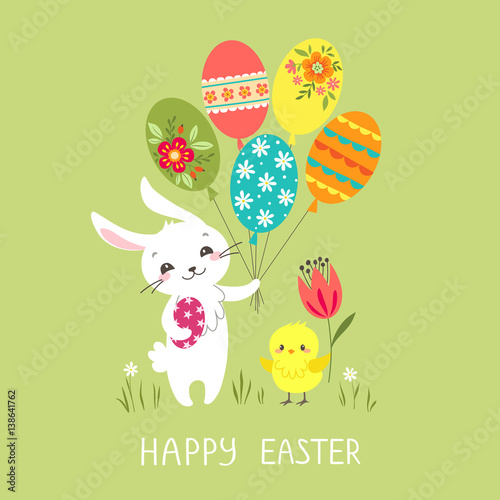 Easter greeting card with cute bunny, colorful balloons and chick.