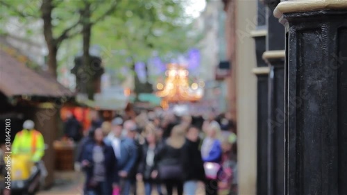 Large Anonymous Crowd Busy German Christmas Market Stall  Xmas Lights