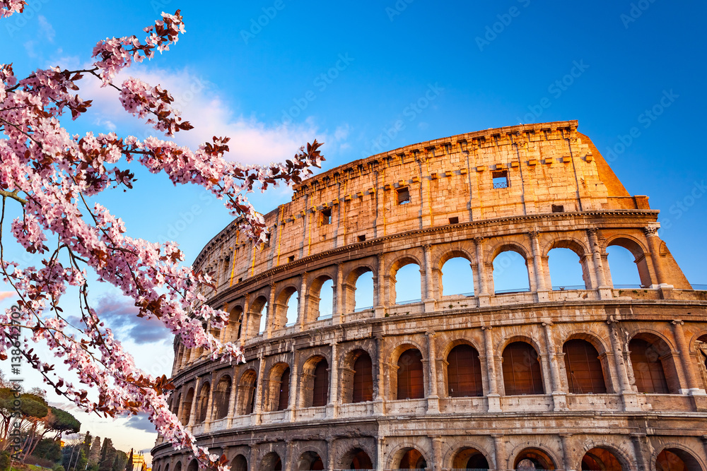 Naklejka premium Colosseum at spring sunset in Rome, Italy