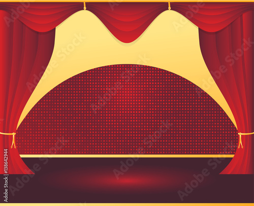 Open red curtains at the theater, opera and cinema on brilliant background pixels. Vector background EPS 10