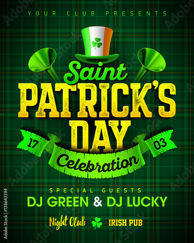 Saint Patrick's Day celebration party invitation poster design with bright vintage lettering, leprechaun hat on green tartan background, 17 March nightclub invitation 