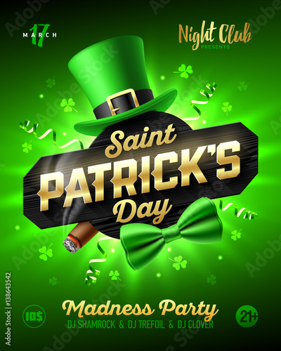 Saint Patrick's Day party poster design, 17 March nightclub invitation with leprechaun hat, gold lettering, party streamers, green bow tie and smouldering cigar on bright shining green background