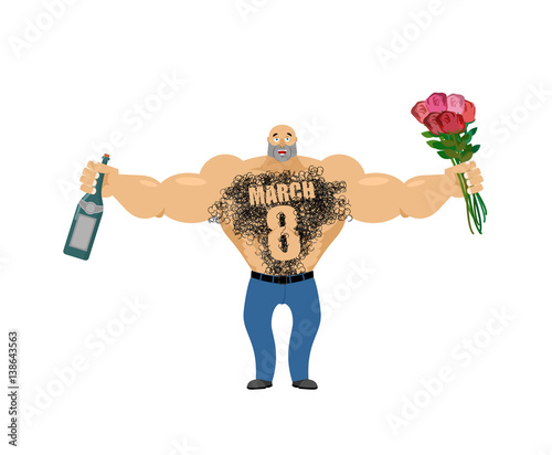 March 8. Brutal macho congratulate. bottle of wine and bouquet of roses. Male torso with hair. Epilation figure eight. Men's gift for International Women's Day.