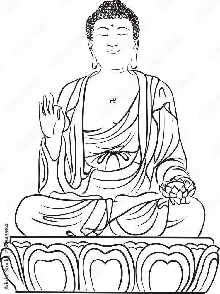 Drawing of a Buddha statue. Art vector illustration of Gautama - bllack line art on a white background. Buddhism Religion