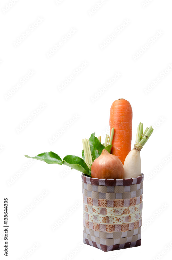 Fresh vegetables Raw Carrot,onion,radish in basket isolated on white background Fresh vegetables Raw Carrot,onion,radish in basket isolated on white background
