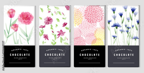Chocolate bar packaging mock up set, watercolor style. Trendy luxury product branding template with label and geometric pattern. vector
