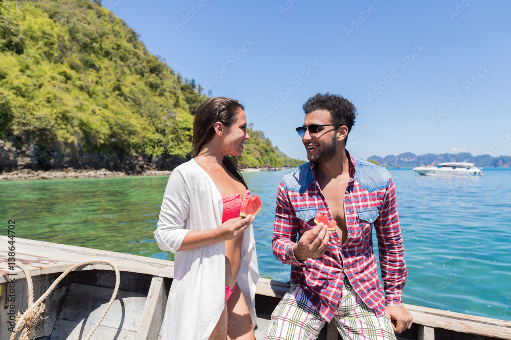 Young Couple Tourist Sail Long Tail Thailand Boat Ocean Sea Vacation Travel Trip Tropical Holiday