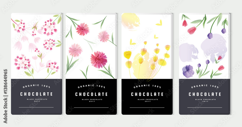 Fototapeta premium Chocolate bar packaging mock up set, watercolor style. Trendy luxury product branding template with label and geometric pattern. vector