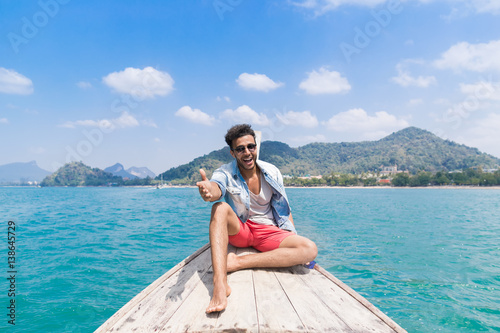 Young Man Tourist Sail Long Tail Thailand Boat Ocean Sea Vacation Travel Trip Beautiful Nature