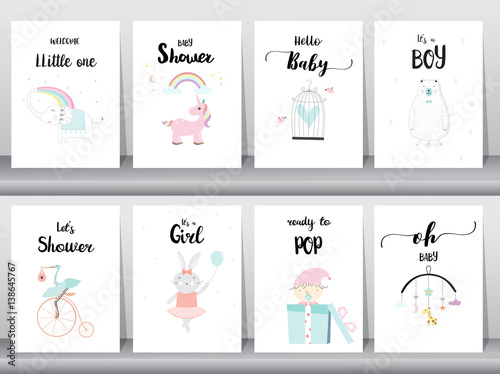 Set of baby shower invitations cards,poster,greeting,template,animals,Vector illustrations
